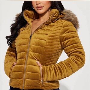 Fashion Nova Golden Quilted Puffer Jacket with Faux Fur